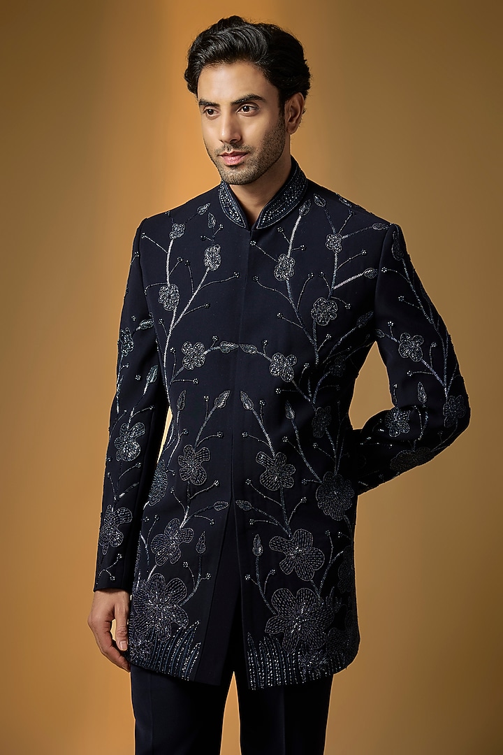 Deep Navy Suiting Cutdana & Bead Embroidered Groom Indowestern Set by PARV DESIGN STUDIO at Pernia's Pop Up Shop