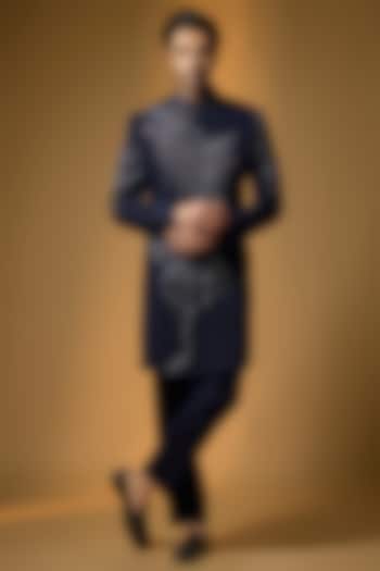 Blue Suiting Sequin & Bead Embroidered Wedding Indowestern Set by PARV DESIGN STUDIO at Pernia's Pop Up Shop