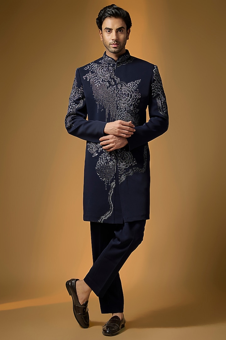 Blue Suiting Sequin & Bead Embroidered Wedding Indowestern Set by PARV DESIGN STUDIO at Pernia's Pop Up Shop