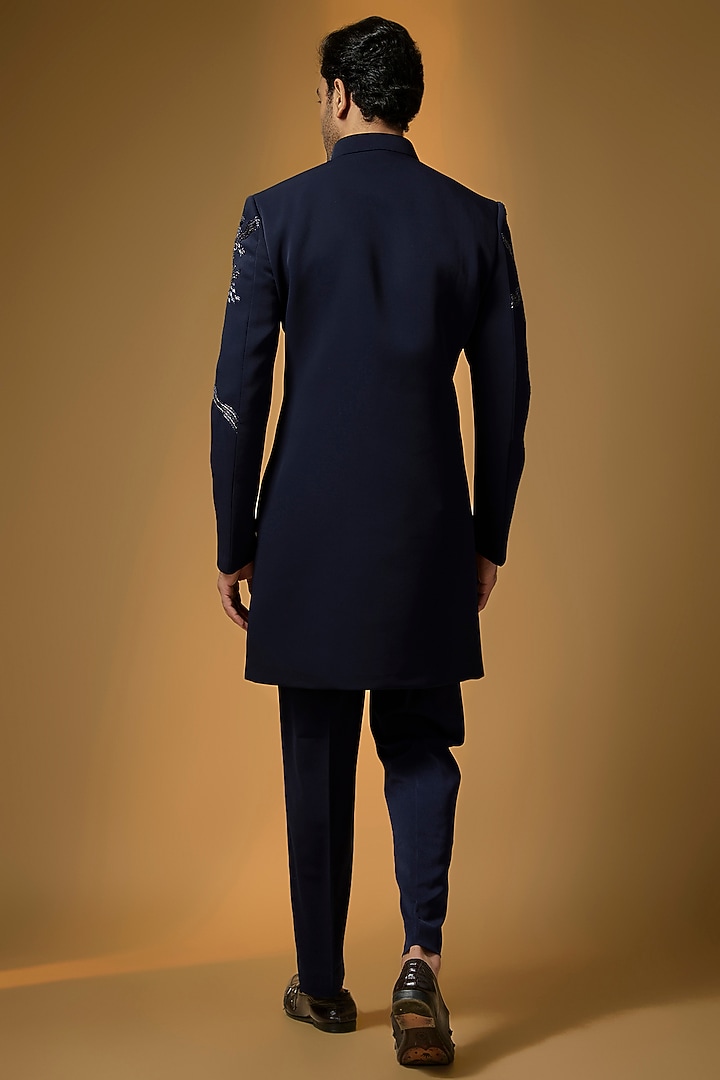 Blue Suiting Sequin & Bead Embroidered Wedding Indowestern Set by PARV DESIGN STUDIO at Pernia's Pop Up Shop