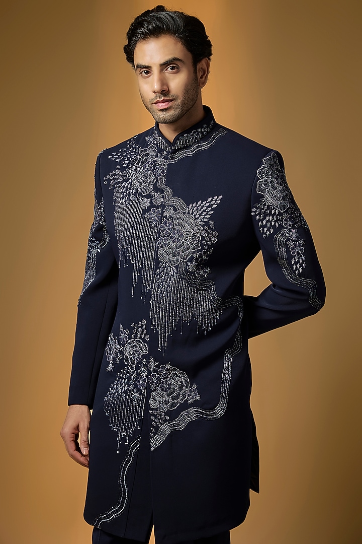 Blue Suiting Sequin & Bead Embroidered Wedding Indowestern Set by PARV DESIGN STUDIO at Pernia's Pop Up Shop