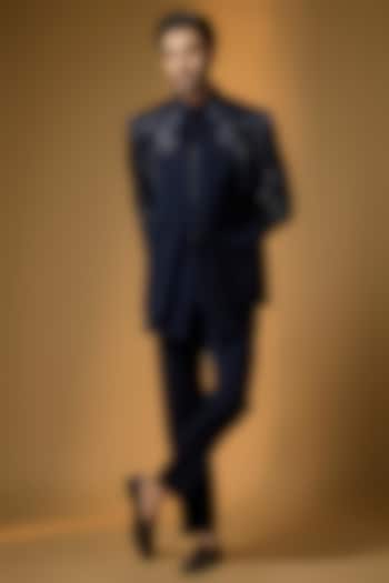 Deep Navy Suiting Cutdana & Sequin Embroidered Wedding Bandhgala Set by PARV DESIGN STUDIO at Pernia's Pop Up Shop