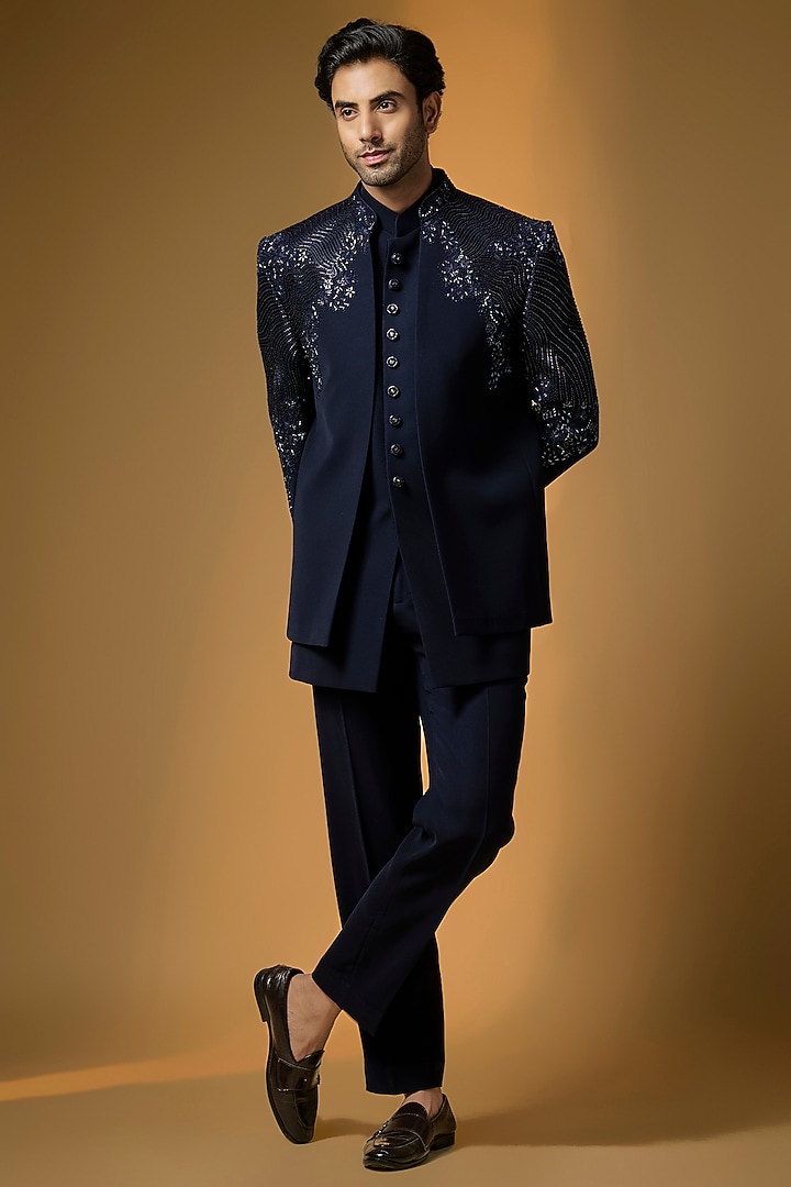 Deep Navy Suiting Cutdana & Sequin Embroidered Wedding Bandhgala Set by PARV DESIGN STUDIO at Pernia's Pop Up Shop