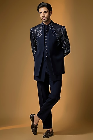 Deep Navy Suiting Cutdana & Sequin Embroidered Bandhgala Set by PARV DESIGN STUDIO