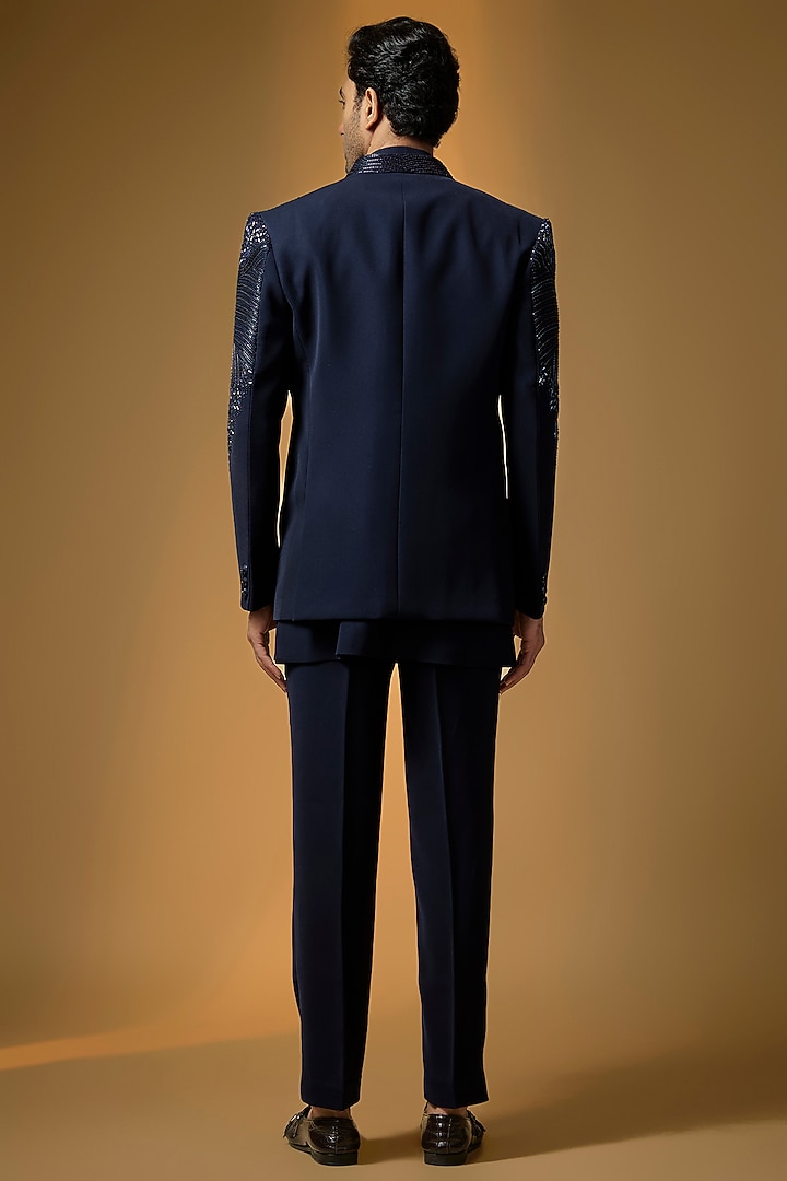 Deep Navy Suiting Cutdana & Sequin Embroidered Wedding Bandhgala Set by PARV DESIGN STUDIO at Pernia's Pop Up Shop