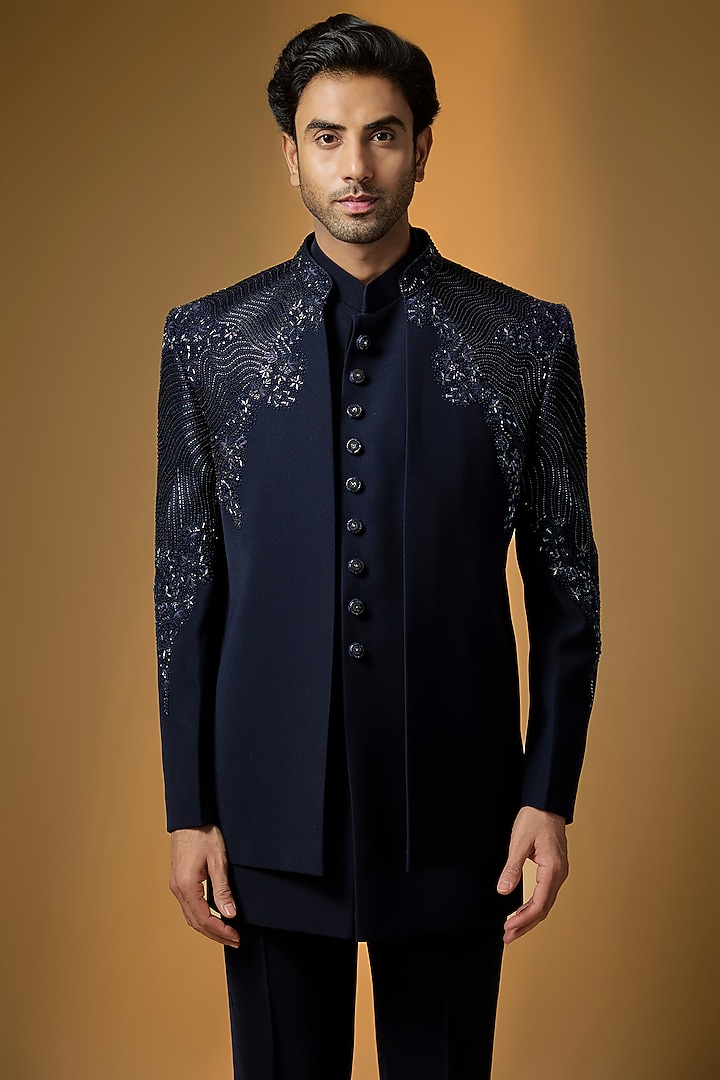Deep Navy Suiting Cutdana & Sequin Embroidered Wedding Bandhgala Set by PARV DESIGN STUDIO at Pernia's Pop Up Shop