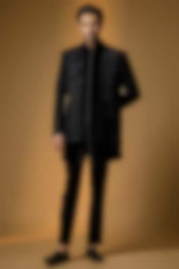 Black Suiting Cutdana & Bead Embroidered Wedding Indowestern Set by PARV DESIGN STUDIO at Pernia's Pop Up Shop