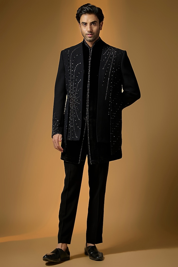 Black Suiting Cutdana & Bead Embroidered Wedding Indowestern Set by PARV DESIGN STUDIO at Pernia's Pop Up Shop