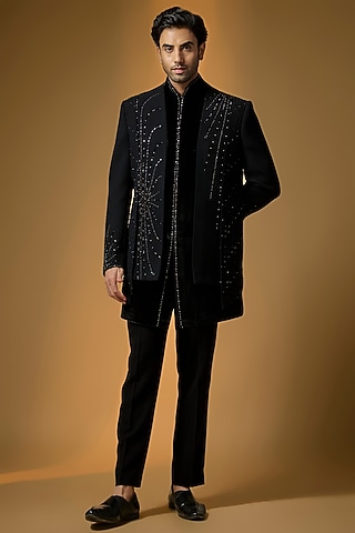 Black Suiting Cutdana & Bead Embroidered Indowestern Set by PARV DESIGN STUDIO