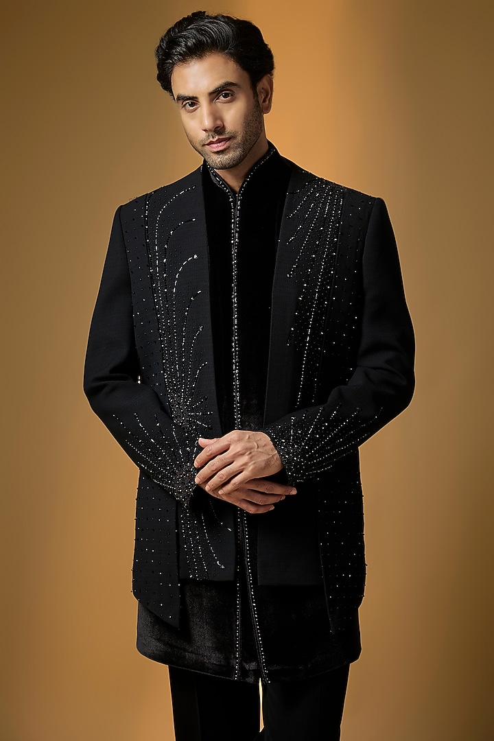 Black Suiting Cutdana & Bead Embroidered Wedding Indowestern Set by PARV DESIGN STUDIO at Pernia's Pop Up Shop