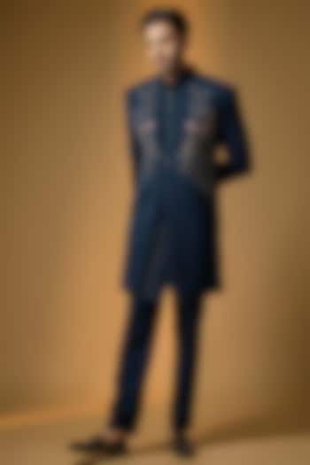 Teal Blue Suiting Brush Painted & Cutdana Embroidered Wedding Indowestern Set by PARV DESIGN STUDIO at Pernia's Pop Up Shop