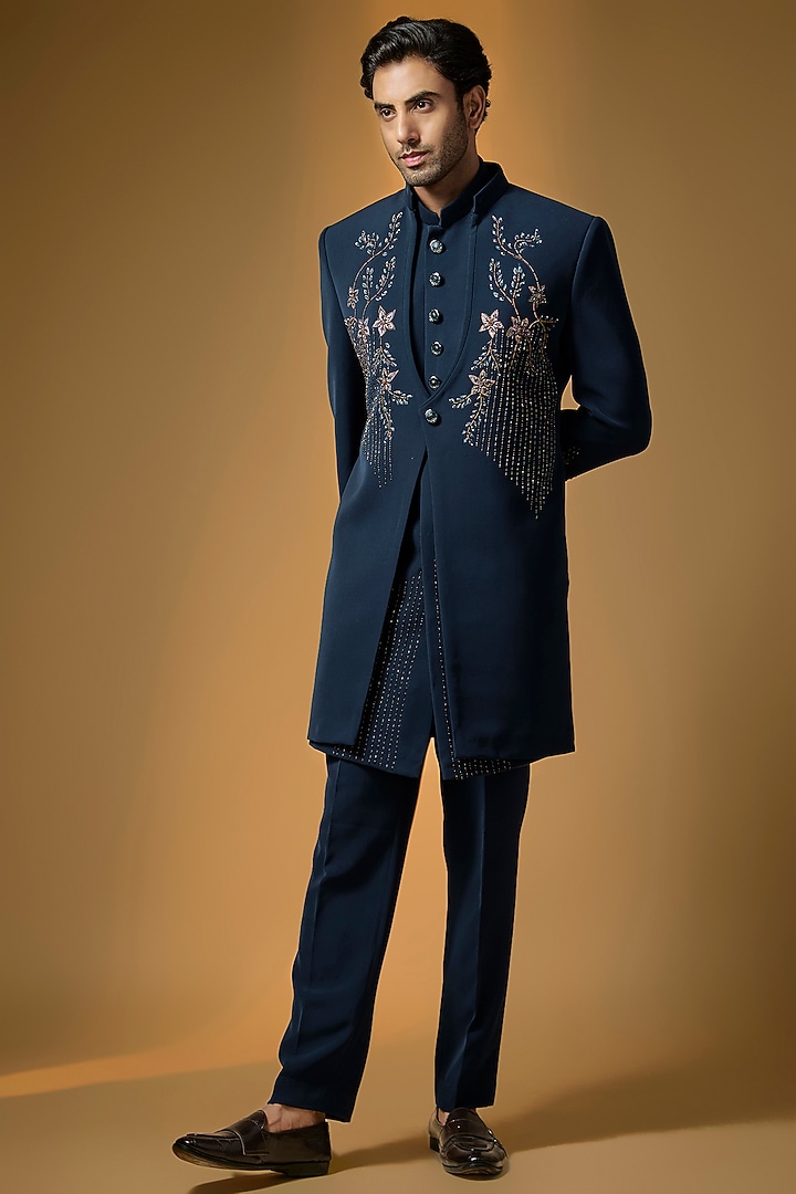 Teal Blue Suiting Brush Painted & Cutdana Embroidered Wedding Indowestern Set by PARV DESIGN STUDIO at Pernia's Pop Up Shop
