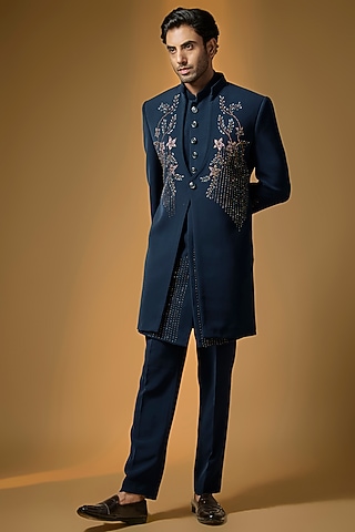Teal Blue Suiting Brush Painted & Cutdana Embroidered Indowestern Set by PARV DESIGN STUDIO