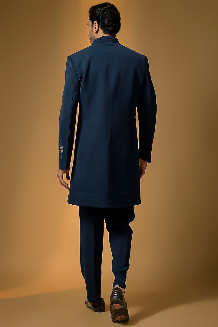 Teal Blue Suiting Brush Painted & Cutdana Embroidered Wedding Indowestern Set by PARV DESIGN STUDIO at Pernia's Pop Up Shop