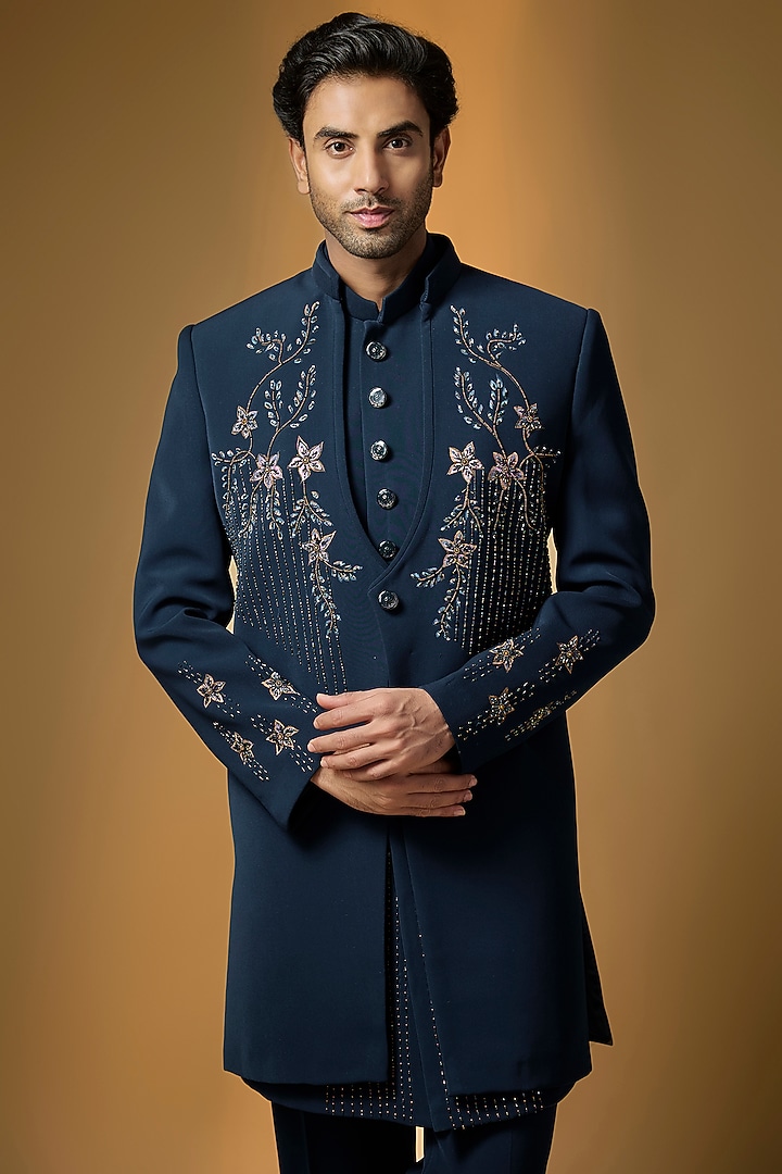 Teal Blue Suiting Brush Painted & Cutdana Embroidered Wedding Indowestern Set by PARV DESIGN STUDIO at Pernia's Pop Up Shop