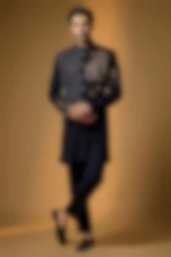 Deep Navy Suiting Brush Painted & Cutdana Embroidered Wedding Indowestern Set by PARV DESIGN STUDIO at Pernia's Pop Up Shop