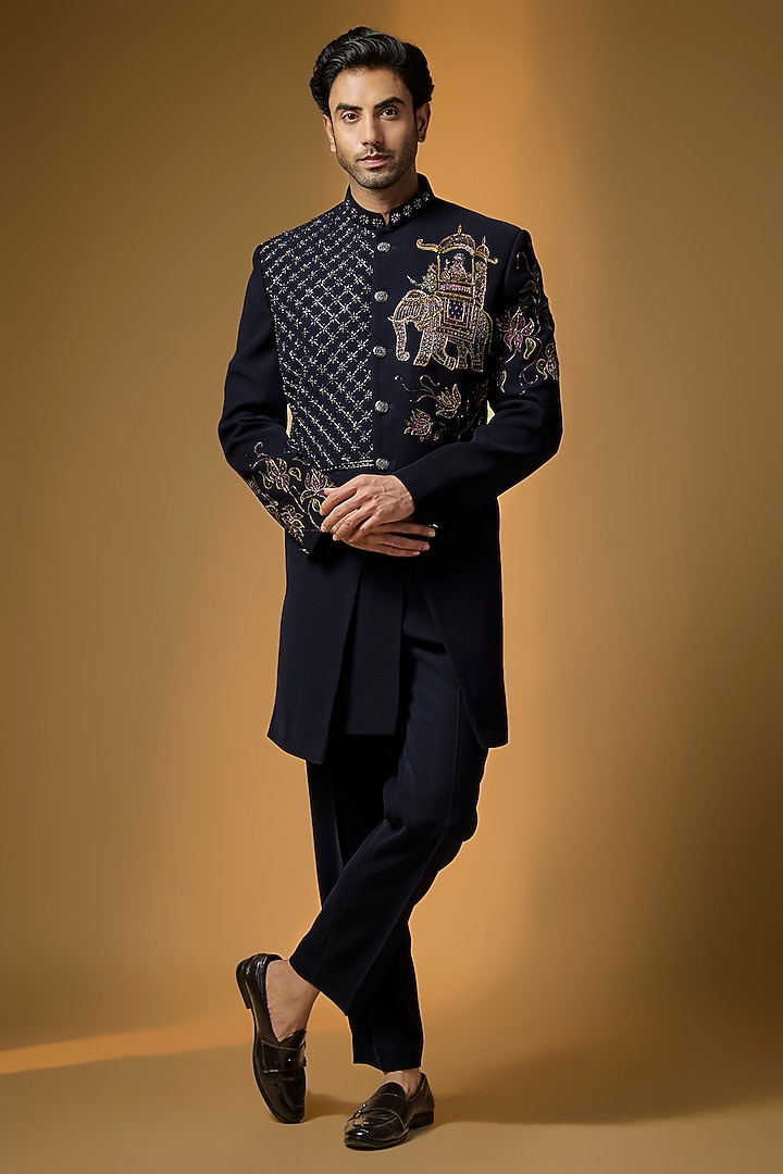 Deep Navy Suiting Brush Painted & Cutdana Embroidered Wedding Indowestern Set by PARV DESIGN STUDIO at Pernia's Pop Up Shop