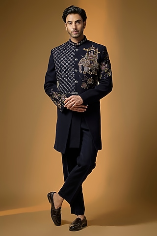 Deep Navy Suiting Brush Painted & Cutdana Embroidered Indowestern Set by PARV DESIGN STUDIO