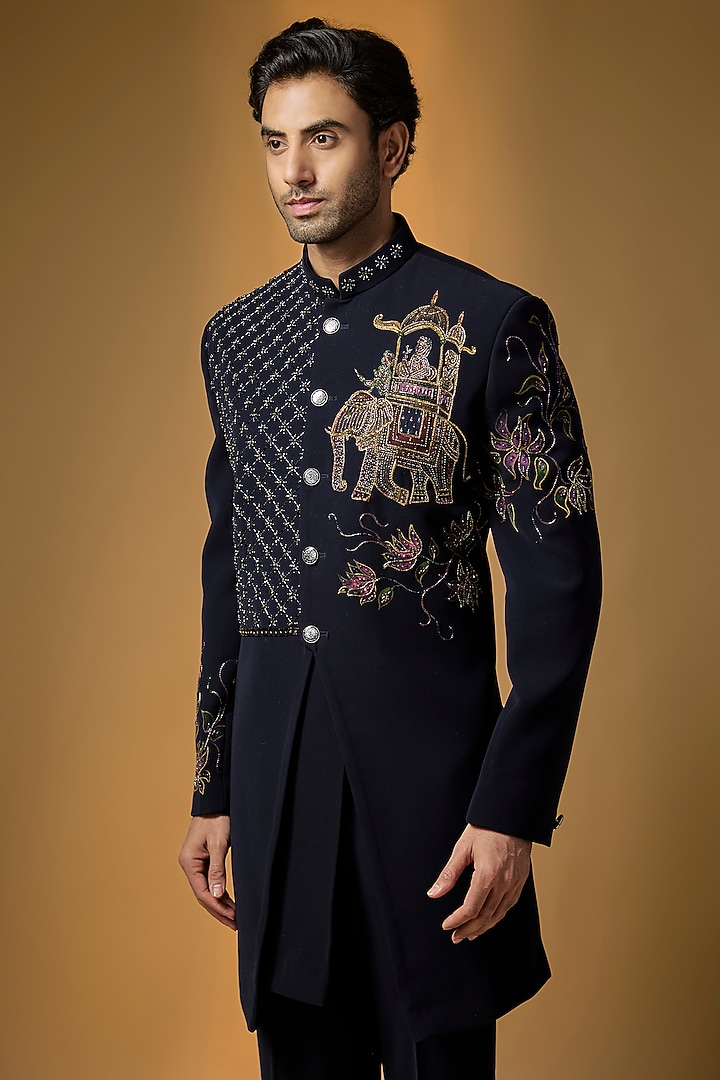 Deep Navy Suiting Brush Painted & Cutdana Embroidered Wedding Indowestern Set by PARV DESIGN STUDIO at Pernia's Pop Up Shop