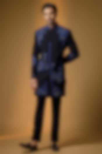 Blue Suiting French Knot Embroidered Textured Wedding Indowestern Set by PARV DESIGN STUDIO at Pernia's Pop Up Shop