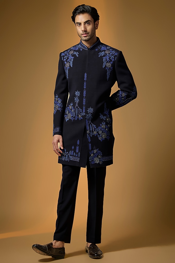 Blue Suiting French Knot Embroidered Textured Wedding Indowestern Set by PARV DESIGN STUDIO at Pernia's Pop Up Shop