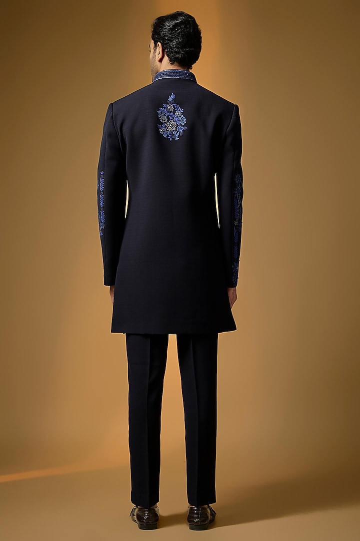 Blue Suiting French Knot Embroidered Textured Wedding Indowestern Set by PARV DESIGN STUDIO at Pernia's Pop Up Shop