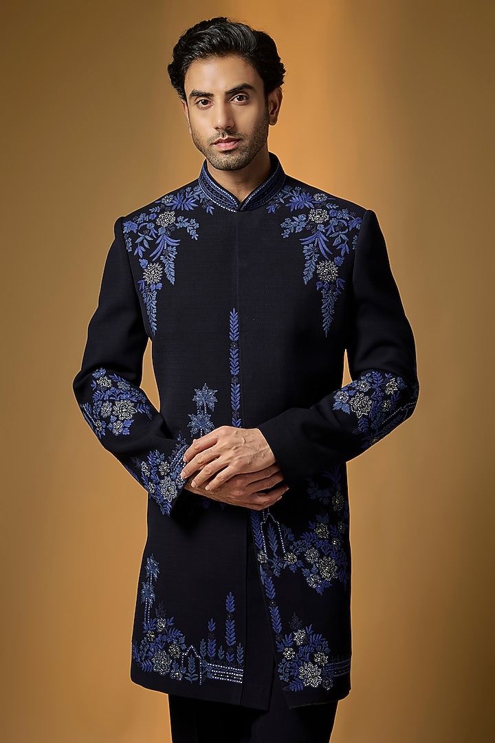 Blue Suiting French Knot Embroidered Textured Wedding Indowestern Set by PARV DESIGN STUDIO at Pernia's Pop Up Shop