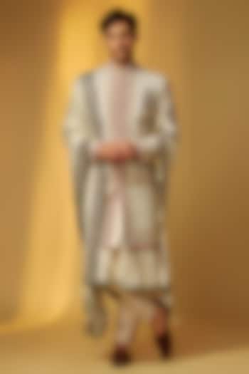 Silver Grey Shimmer Tissue Cutdana Embroidered Groom Sherwani Set by PARV DESIGN STUDIO at Pernia's Pop Up Shop