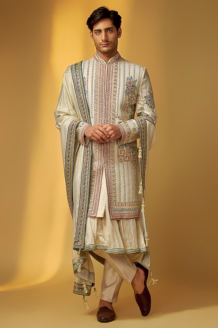 Silver Grey Shimmer Tissue Cutdana Embroidered Groom Sherwani Set by PARV DESIGN STUDIO at Pernia's Pop Up Shop