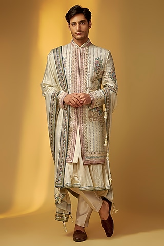 Silver Grey Shimmer Tissue Cutdana Embroidered Sherwani Set by PARV DESIGN STUDIO