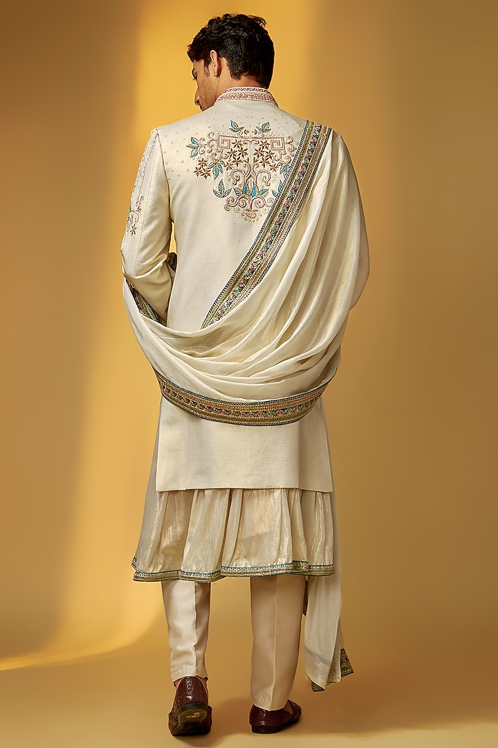 Silver Grey Shimmer Tissue Cutdana Embroidered Groom Sherwani Set by PARV DESIGN STUDIO at Pernia's Pop Up Shop