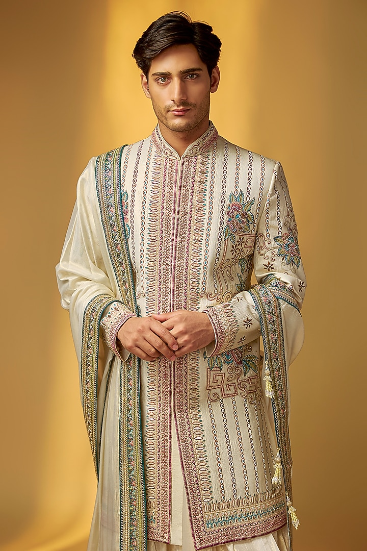 Silver Grey Shimmer Tissue Cutdana Embroidered Groom Sherwani Set by PARV DESIGN STUDIO at Pernia's Pop Up Shop