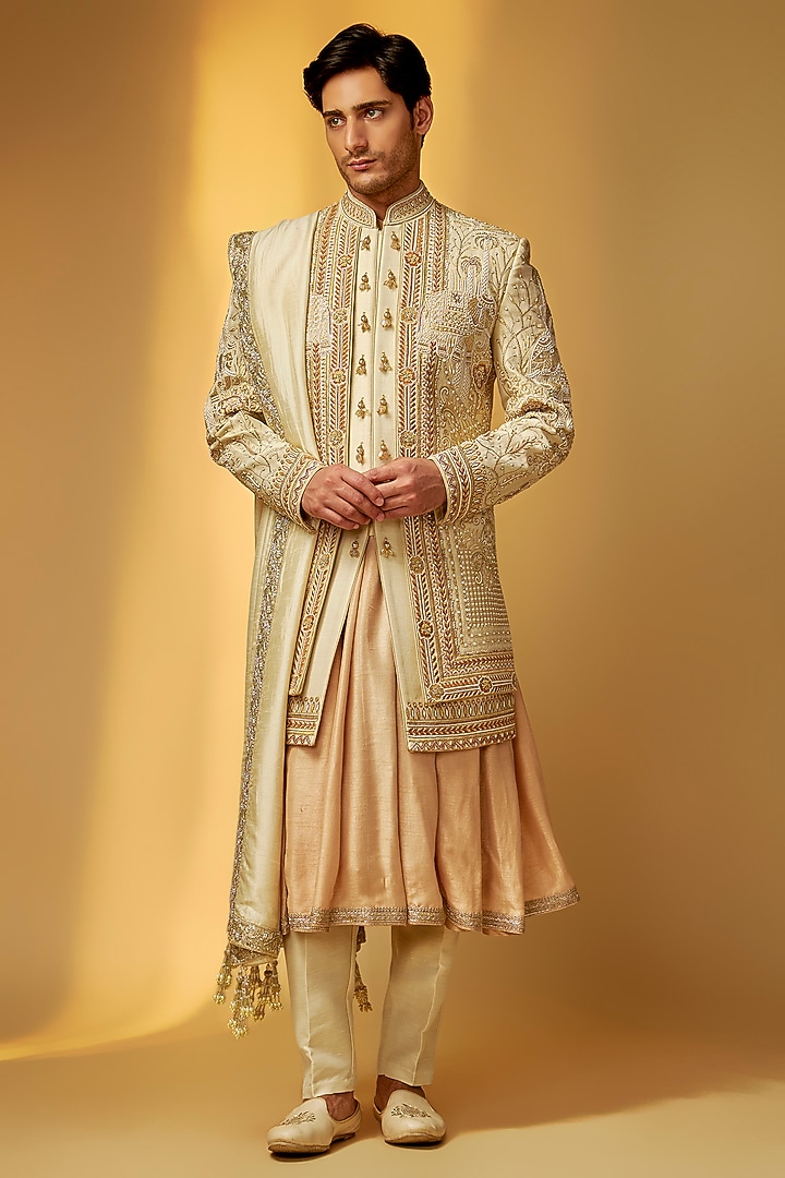 Champagne Gold Rose Silk Zardosi Embroidered Groom Sherwani Set by PARV DESIGN STUDIO at Pernia's Pop Up Shop