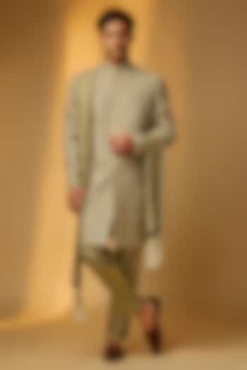 Sage Green Chanderi Silk Pearl Embroidered Groom Sherwani Set by PARV DESIGN STUDIO at Pernia's Pop Up Shop