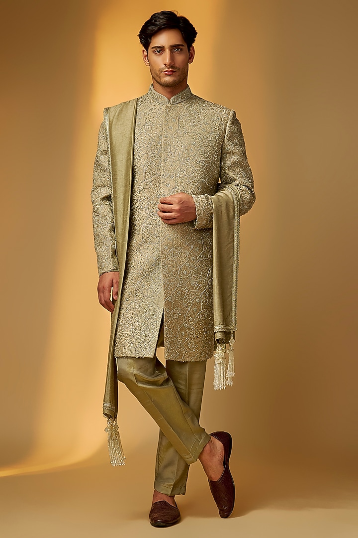 Sage Green Chanderi Silk Pearl Embroidered Groom Sherwani Set by PARV DESIGN STUDIO at Pernia's Pop Up Shop