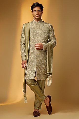 Sage Green Chanderi Silk Pearl Embroidered Sherwani Set by PARV DESIGN STUDIO