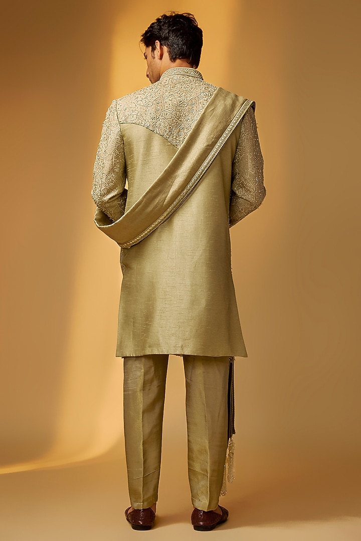 Sage Green Chanderi Silk Pearl Embroidered Groom Sherwani Set by PARV DESIGN STUDIO at Pernia's Pop Up Shop