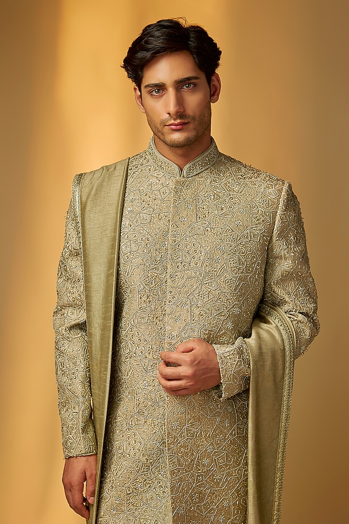 Sage Green Chanderi Silk Pearl Embroidered Groom Sherwani Set by PARV DESIGN STUDIO at Pernia's Pop Up Shop