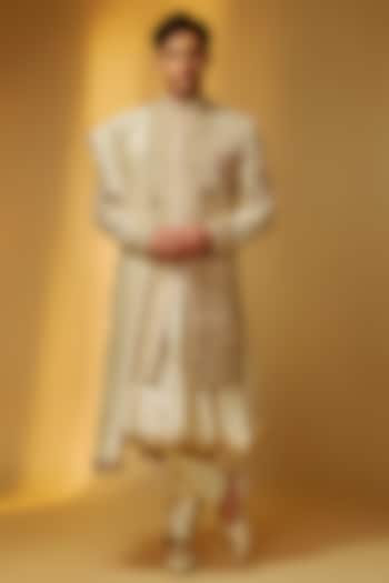 Champagne Gold Rose Silk Zardosi Embroidered Groom Sherwani Set by PARV DESIGN STUDIO at Pernia's Pop Up Shop