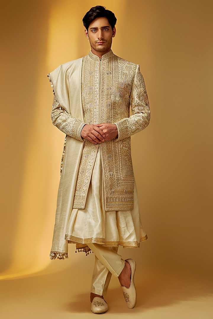 Champagne Gold Rose Silk Zardosi Embroidered Groom Sherwani Set by PARV DESIGN STUDIO at Pernia's Pop Up Shop