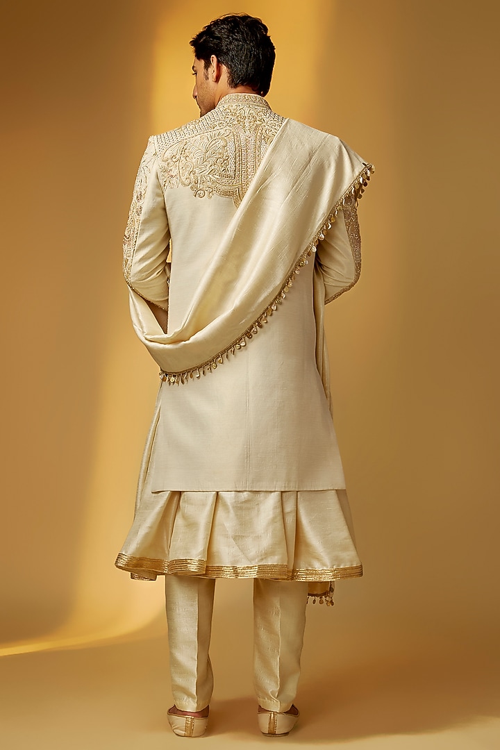 Champagne Gold Rose Silk Zardosi Embroidered Groom Sherwani Set by PARV DESIGN STUDIO at Pernia's Pop Up Shop