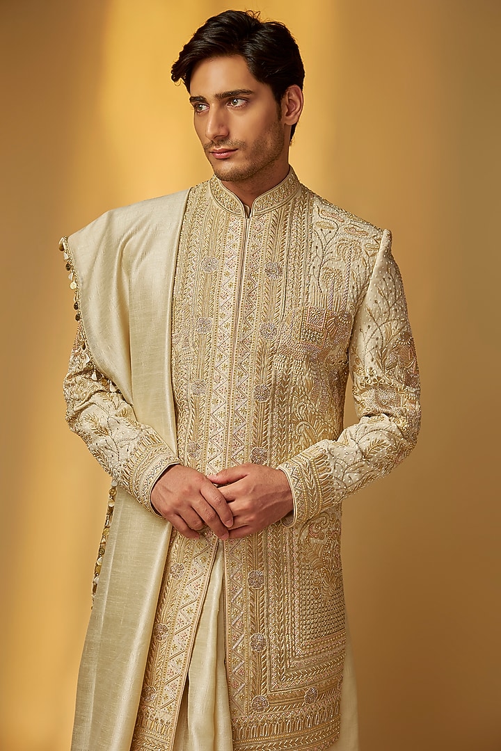 Champagne Gold Rose Silk Zardosi Embroidered Groom Sherwani Set by PARV DESIGN STUDIO at Pernia's Pop Up Shop