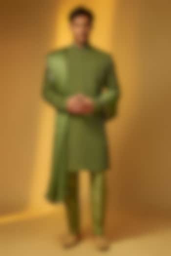 Neon Green Viscose Lucknowi Cutdana Embroidered Groom Sherwani Set by PARV DESIGN STUDIO at Pernia's Pop Up Shop