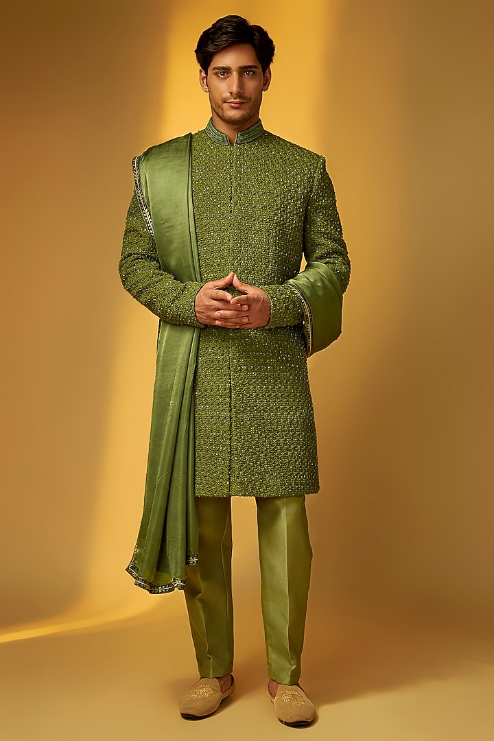 Neon Green Viscose Lucknowi Cutdana Embroidered Groom Sherwani Set by PARV DESIGN STUDIO at Pernia's Pop Up Shop