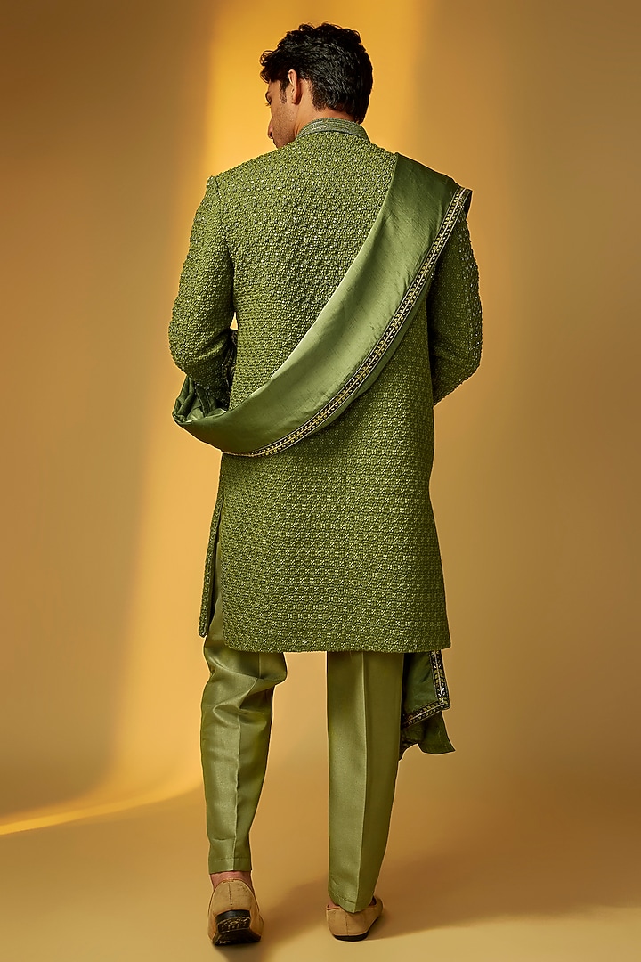 Neon Green Viscose Lucknowi Cutdana Embroidered Groom Sherwani Set by PARV DESIGN STUDIO at Pernia's Pop Up Shop