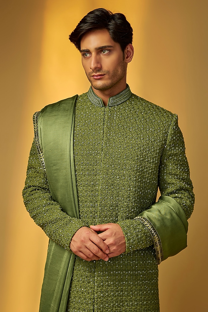 Neon Green Viscose Lucknowi Cutdana Embroidered Groom Sherwani Set by PARV DESIGN STUDIO at Pernia's Pop Up Shop