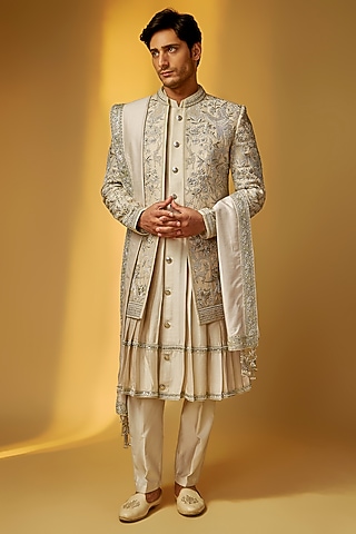 Ash Grey Raw Silk Zardosi Embroidered Sherwani Set by PARV DESIGN STUDIO