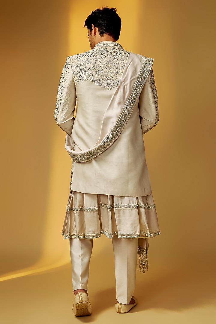 Ash Grey Raw Silk Zardosi Embroidered Groom Sherwani Set by PARV DESIGN STUDIO at Pernia's Pop Up Shop