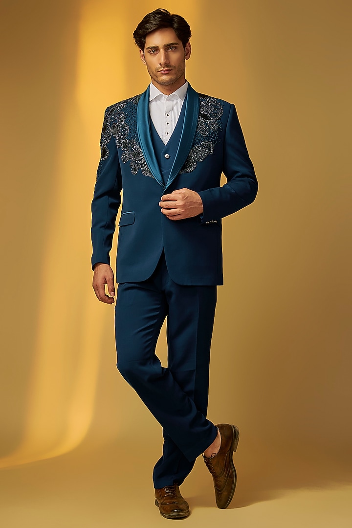 Teal Suiting Cutdana Embroidered Tuxedo Set by PARV DESIGN STUDIO at Pernia's Pop Up Shop