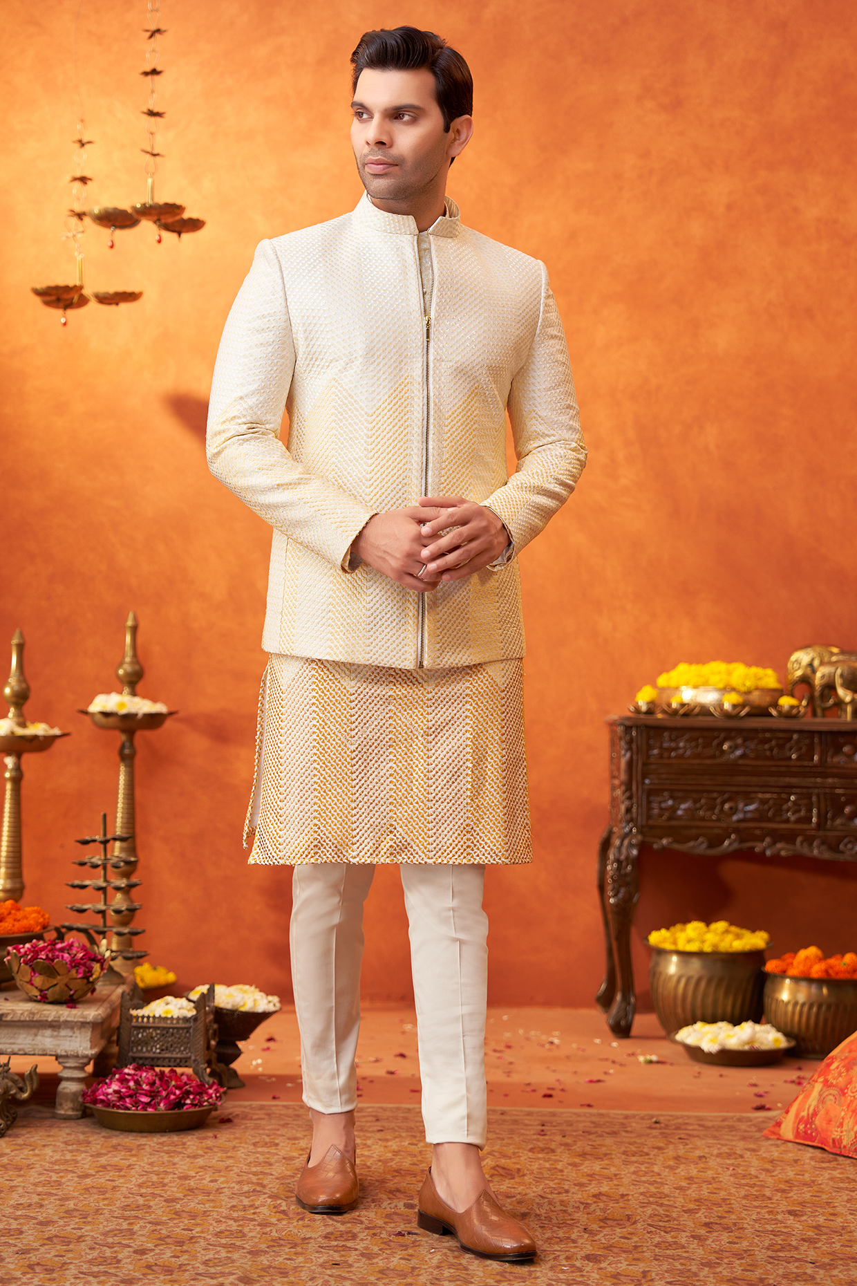 Yellow Ombre Chanderi Silk Resham Embroidered Bandhgala Set by PARV DESIGN STUDIO